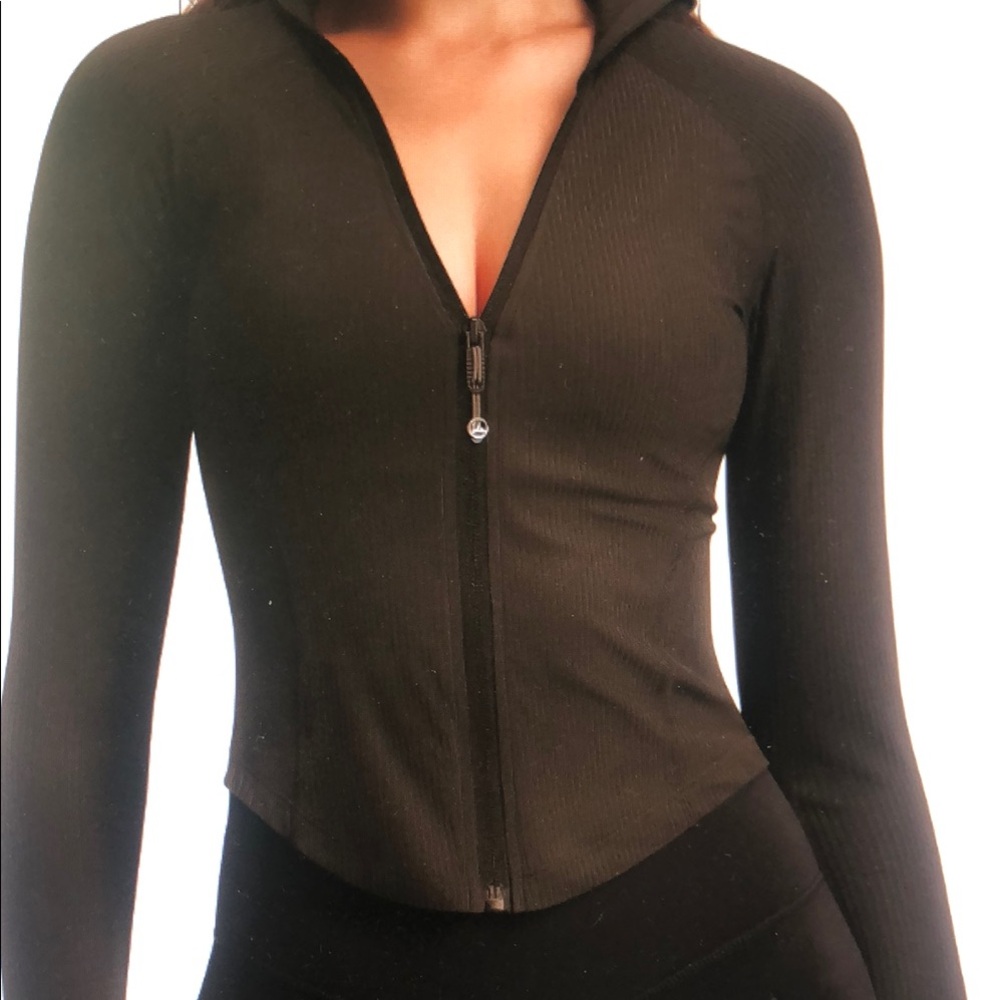 Black Zip-Front Long Sleeve Hooded Top
